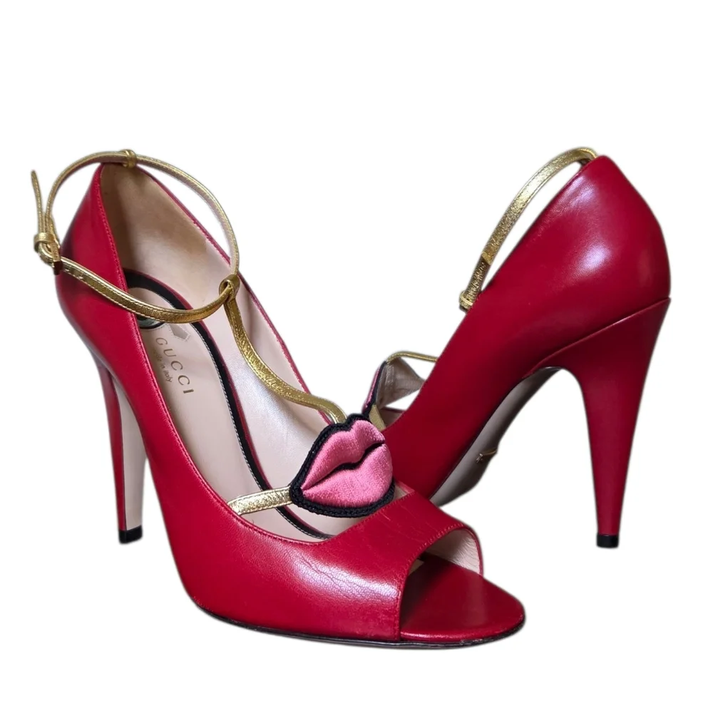 Iconic Gucci Molina Lips T-Strap Heels Red Gold Leather Pumps 38.5 - Picture 15 of 16